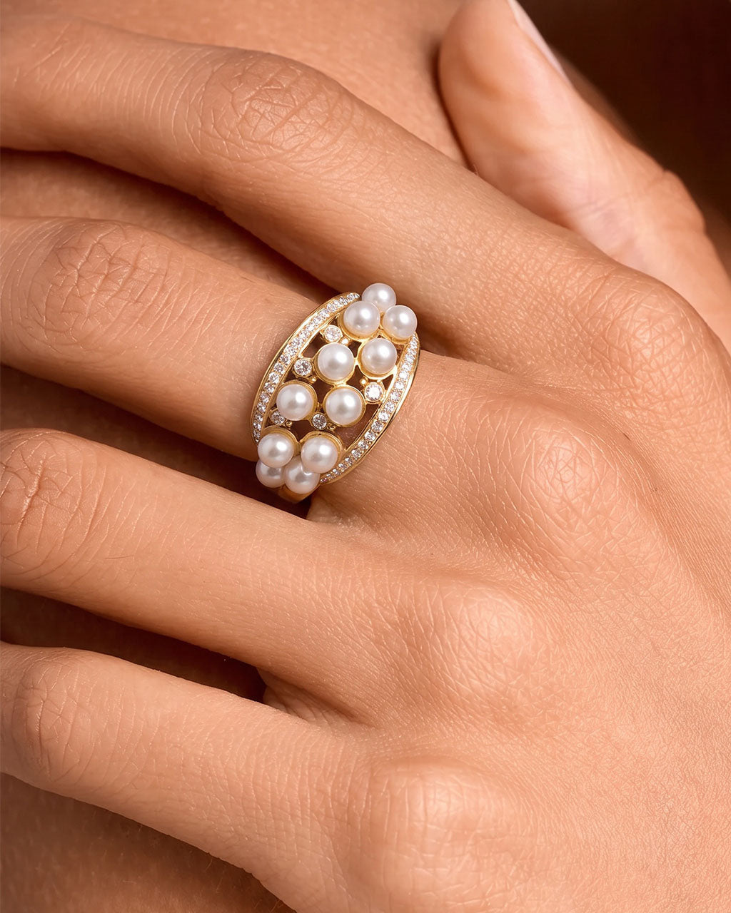 Lavish Pavé Pearl Crown Statement Waterproof Gold Ring