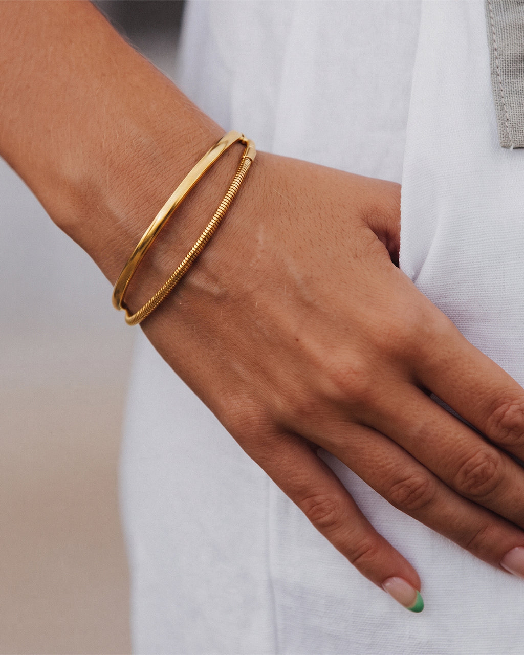 Layer Cuff & Herringbone Chain Waterproof Gold Bracelet