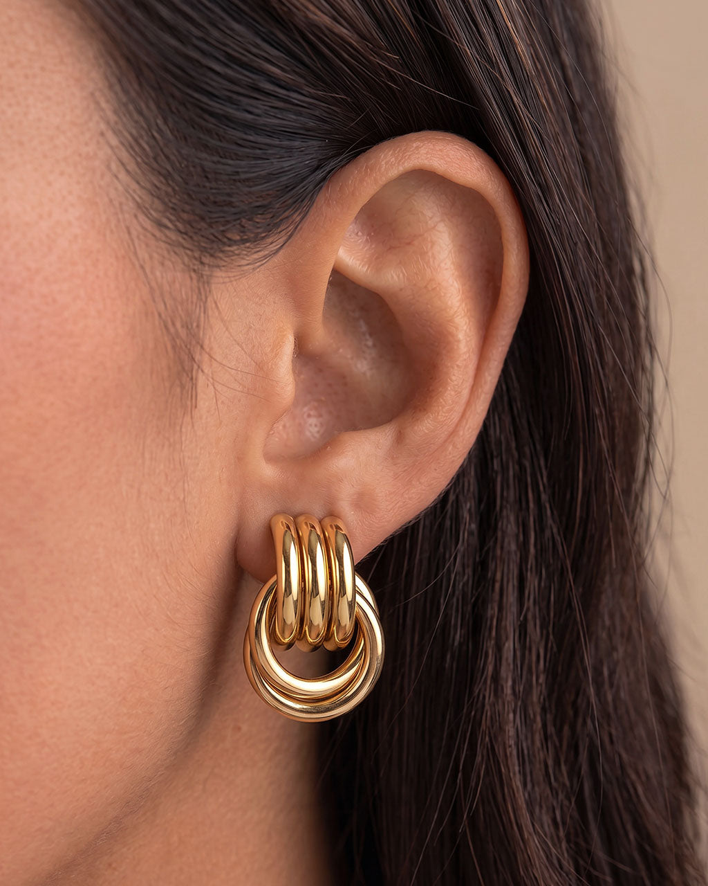 Layered Ribbed Illusion Hoop Waterproof Gold Earrings