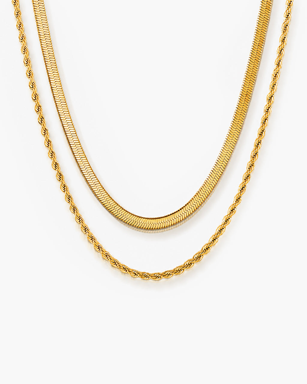 Layered Rope Herringbone Chain Waterproof Gold Necklace