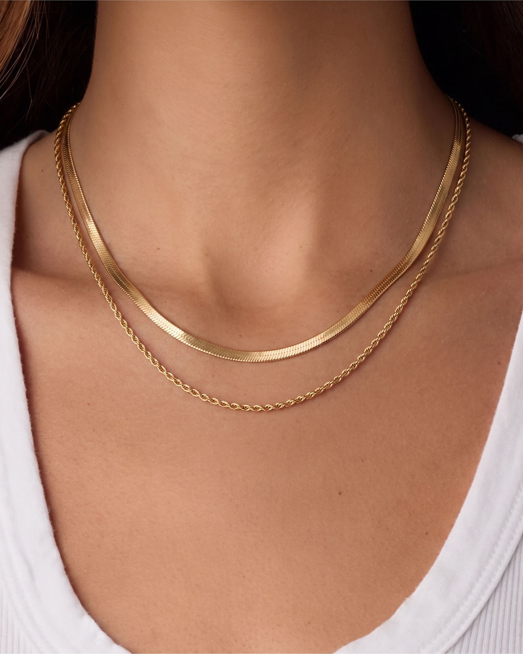 Layered Rope Herringbone Chain Waterproof Gold Necklace