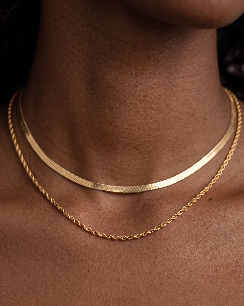 Layered Rope Herringbone Chain Waterproof Gold Necklace