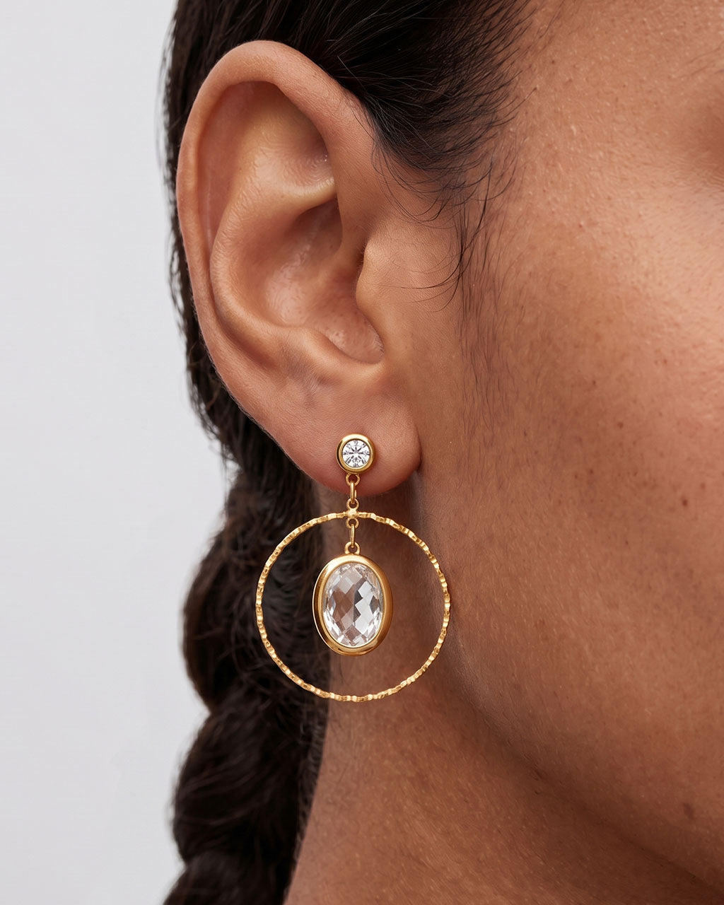 Luxe Double Stone Circle Drop Waterproof Gold Earrings