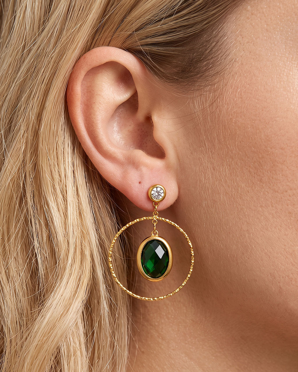 Luxe Double Stone Circle Drop Waterproof Gold Earrings