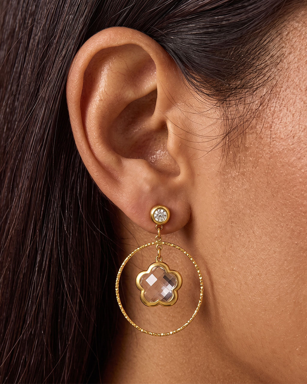 Luxe Flower Stone Circle Drop Waterproof Gold Earrings
