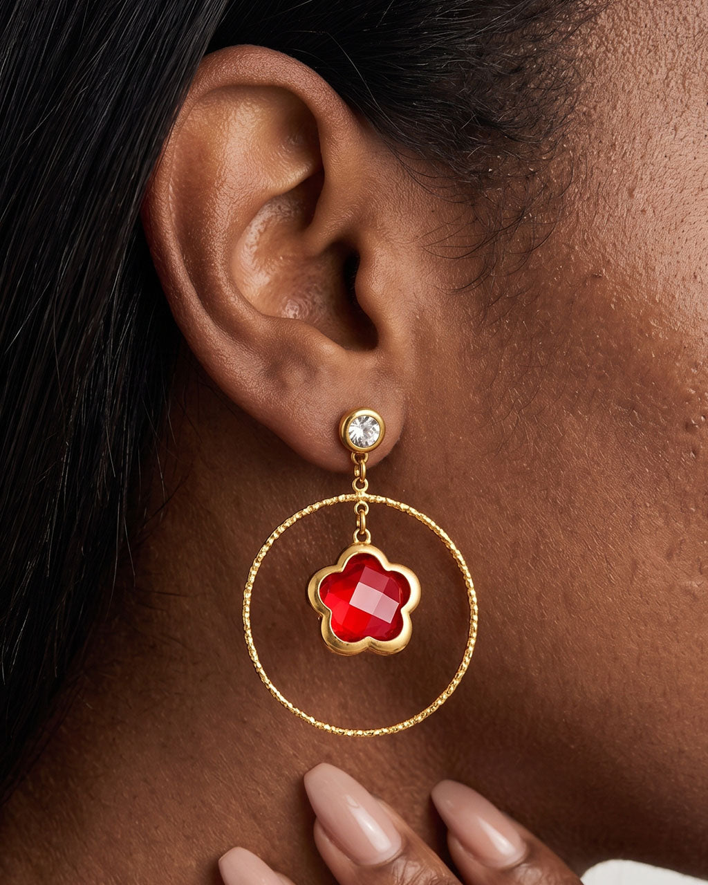 Luxe Flower Stone Circle Drop Waterproof Gold Earrings