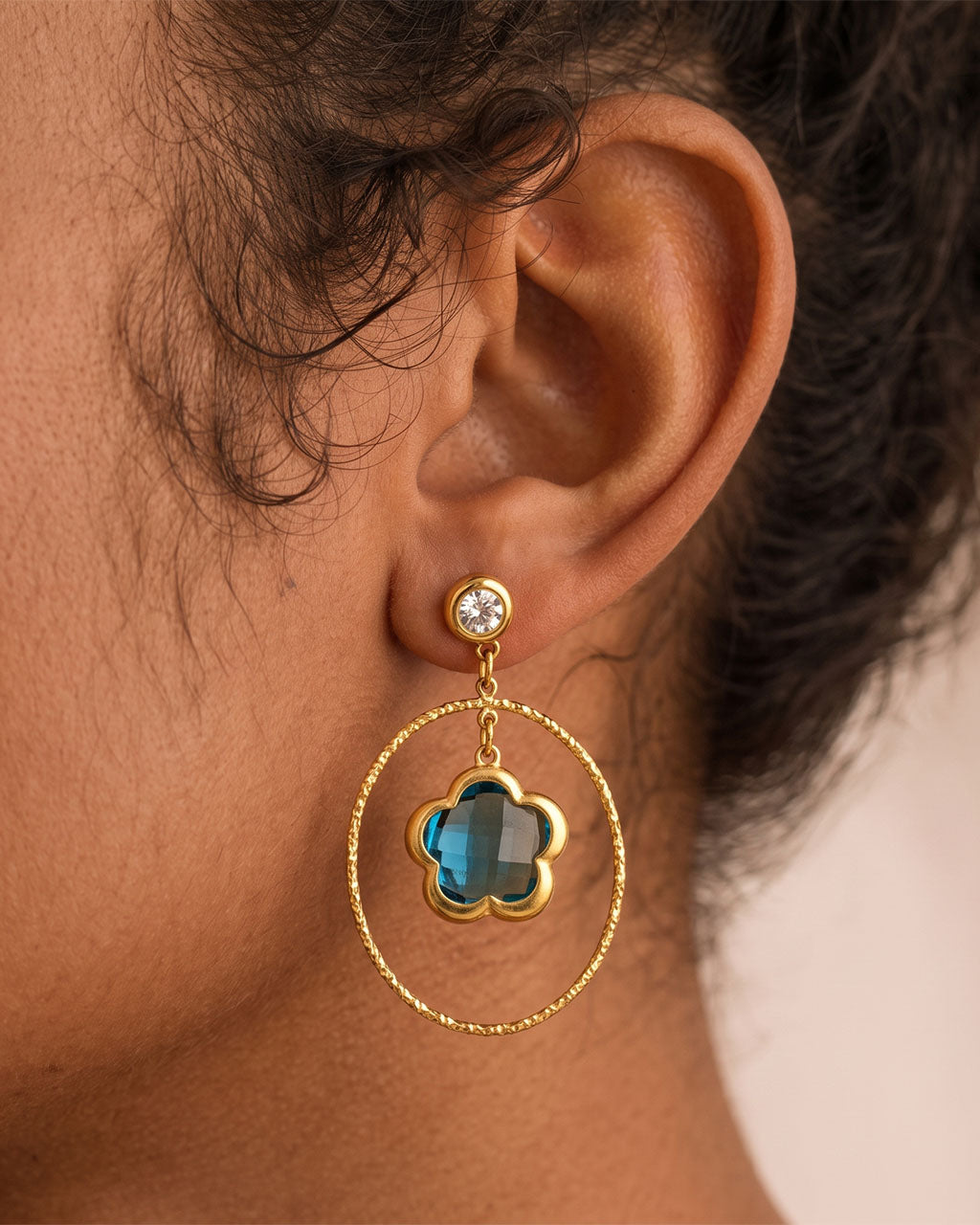 Luxe Flower Stone Circle Drop Waterproof Gold Earrings