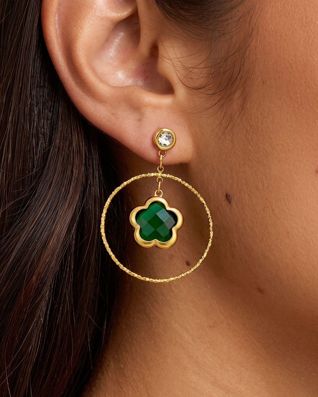 Luxe Flower Stone Circle Drop Waterproof Gold Earrings