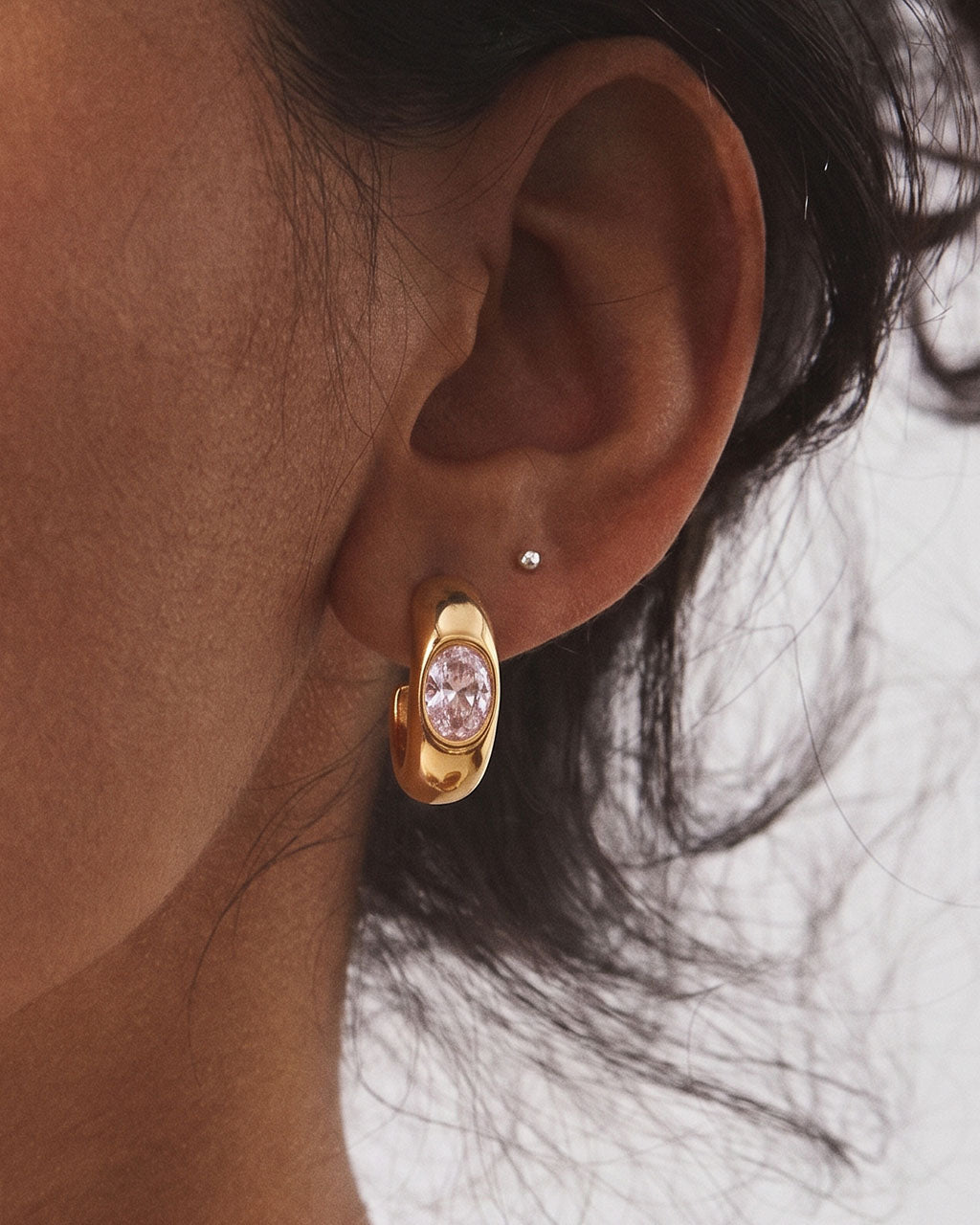 Luxe Oval Solitaire C Hoop Waterproof Gold Earrings