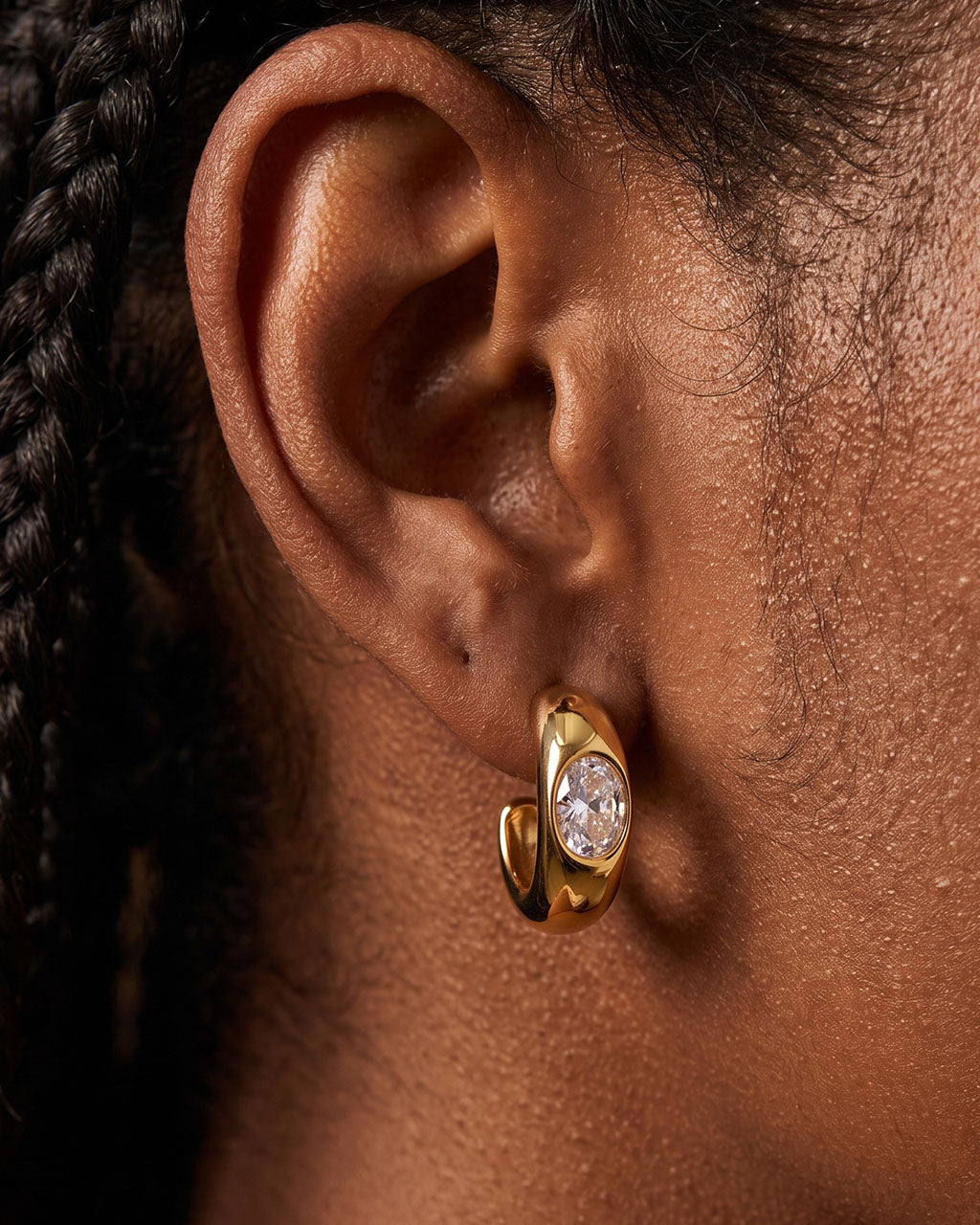 Luxe Oval Solitaire C Hoop Waterproof Gold Earrings