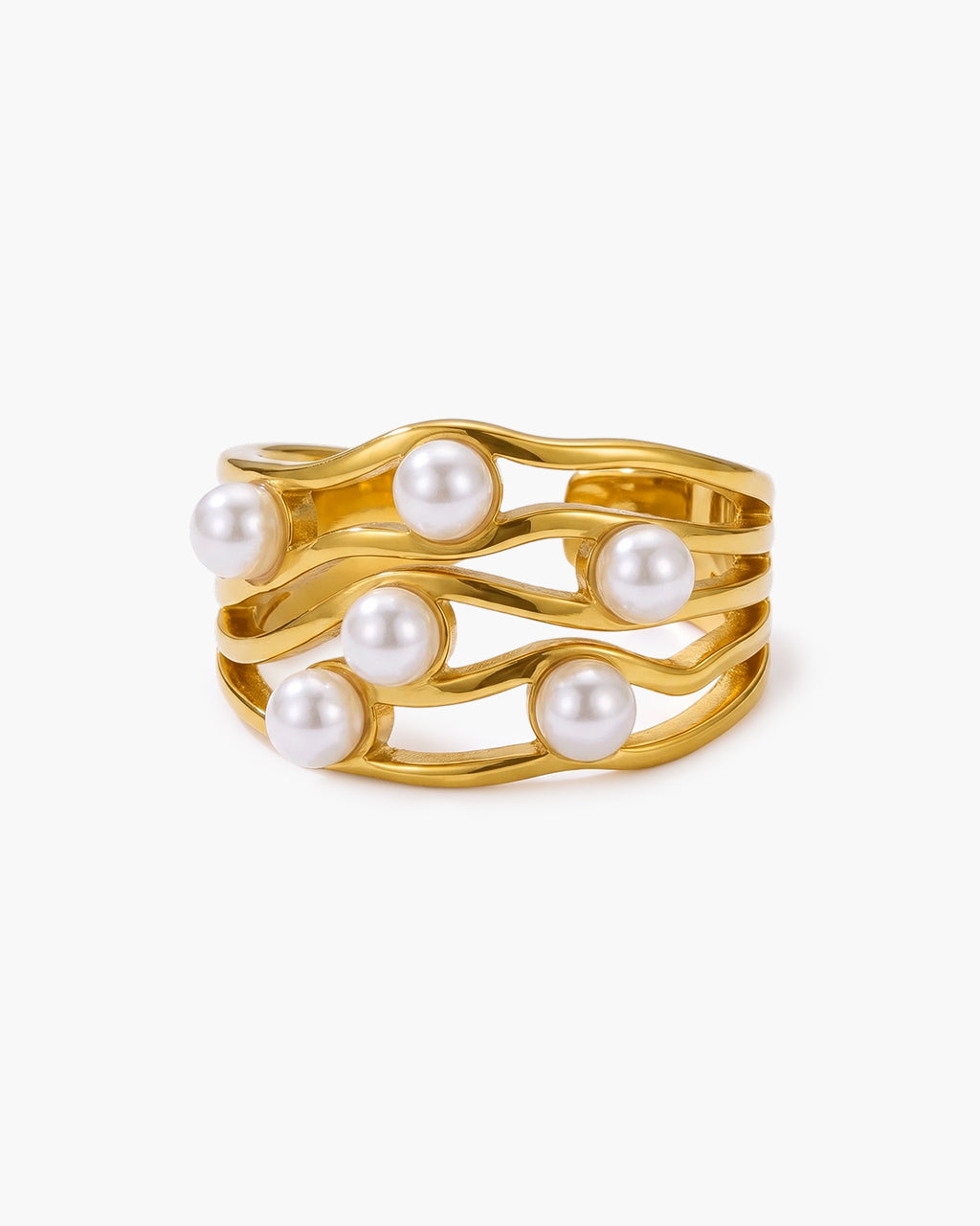 Luxe Pearl Multi Row Adjustable Waterproof Gold Ring