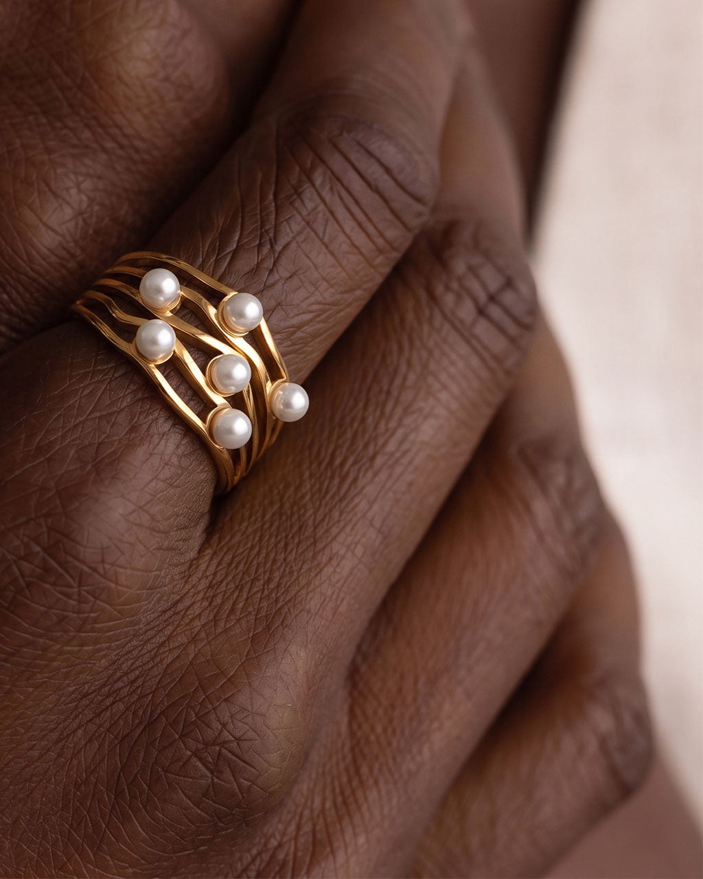 Luxe Pearl Multi Row Adjustable Waterproof Gold Ring