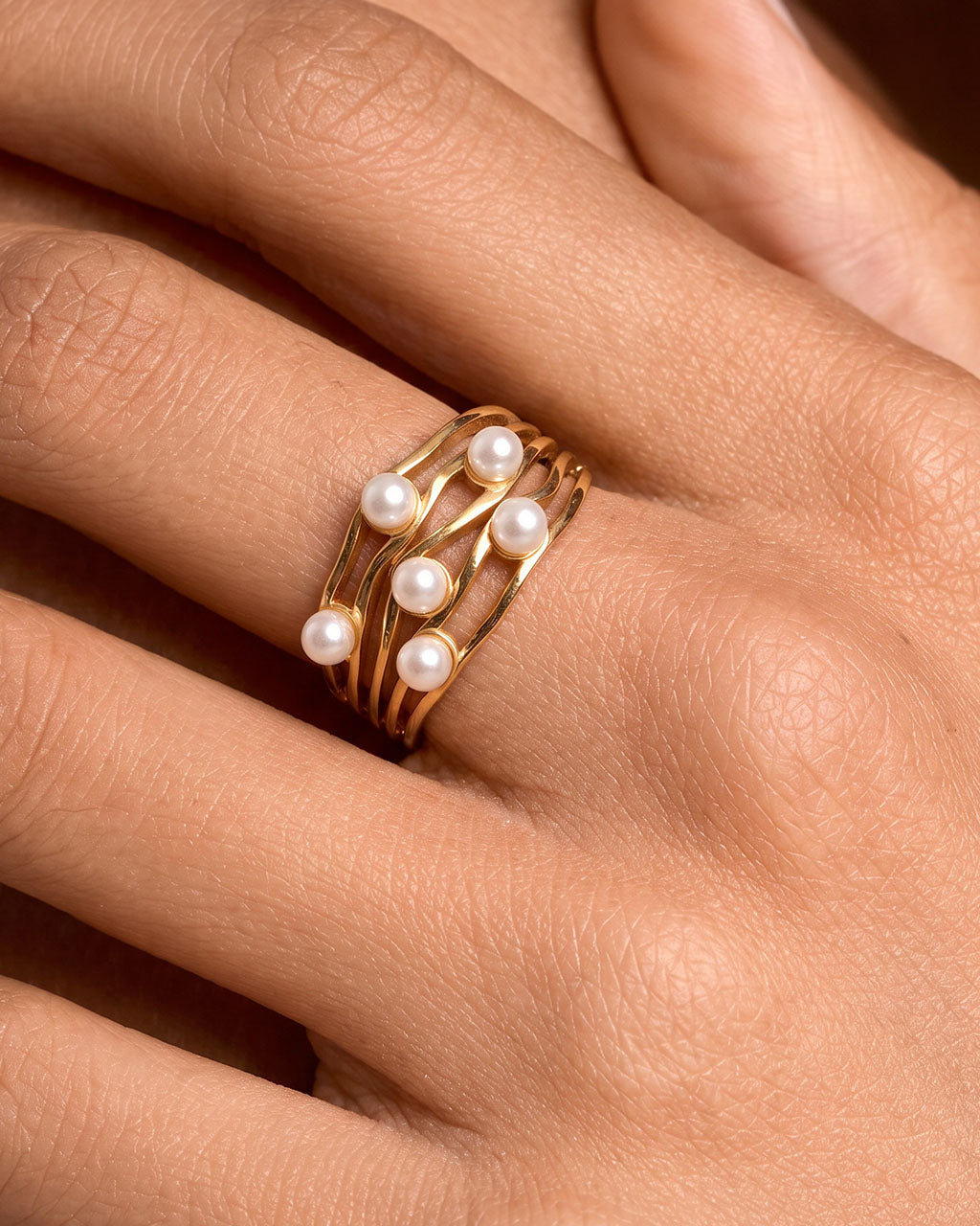 Luxe Pearl Multi Row Adjustable Waterproof Gold Ring