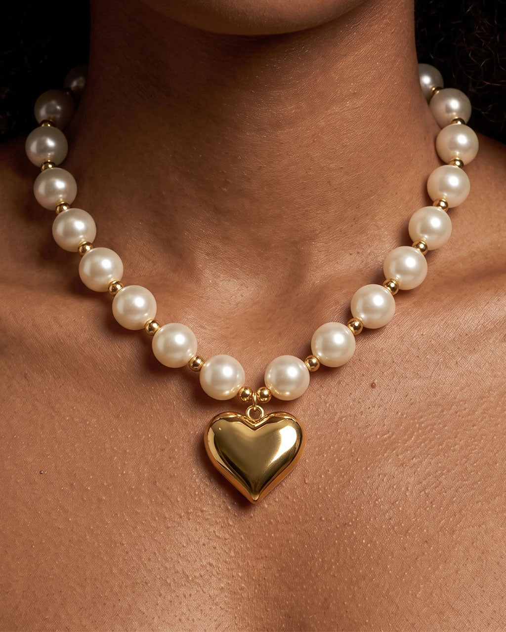 Luxury Chunky Pearl Heart Waterproof Gold Necklace