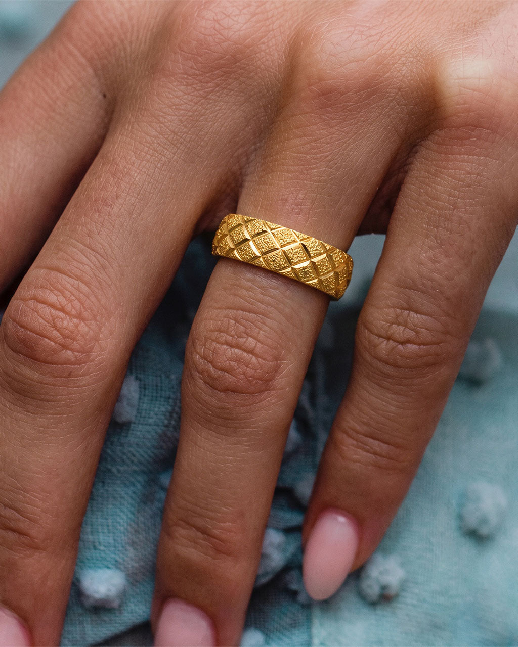 Luxury Textured Quilted Wide Band Waterproof Gold Ring