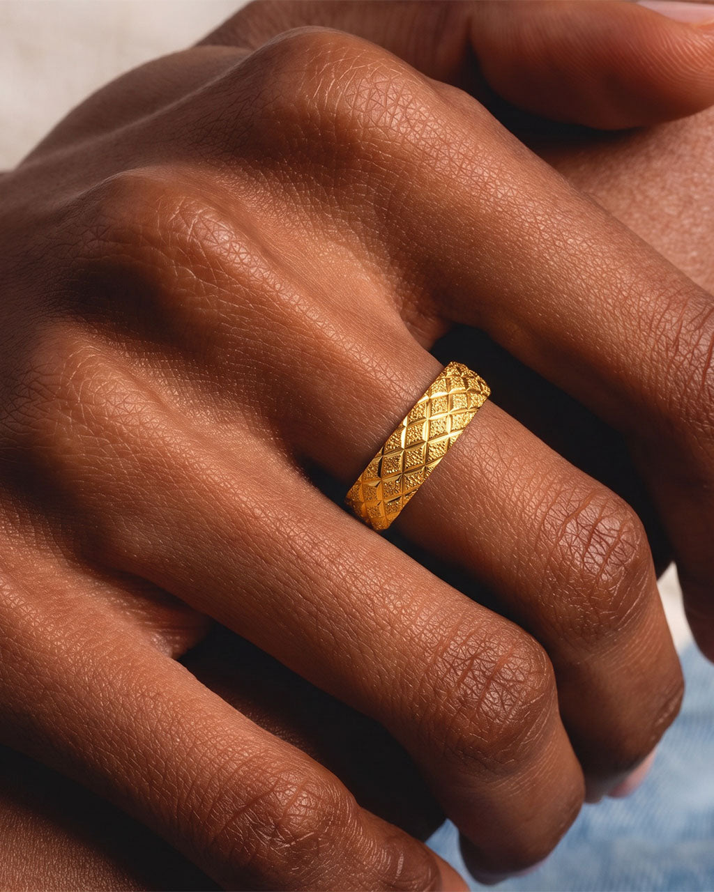 Luxury Textured Quilted Wide Band Waterproof Gold Ring