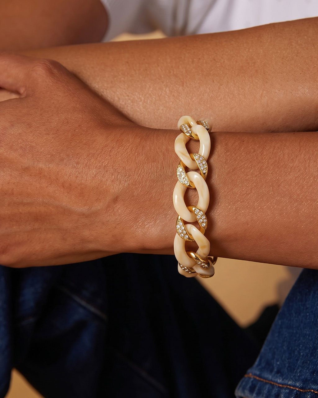 Marbled Resin Pavé Curb Link Waterproof Gold Bracelet