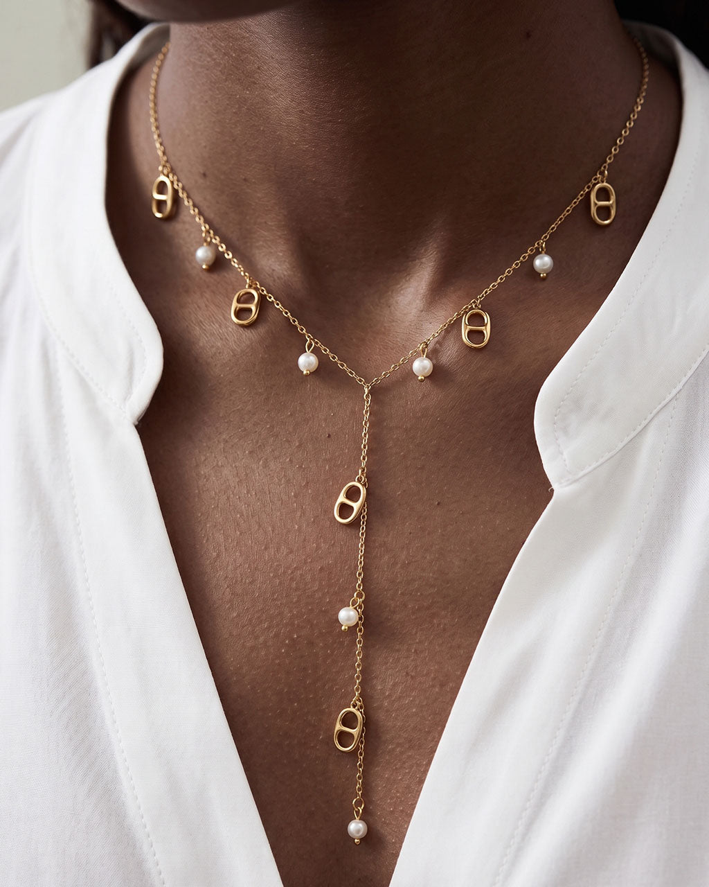 Mariner Link Pearl Drop Y Waterproof Gold Necklace