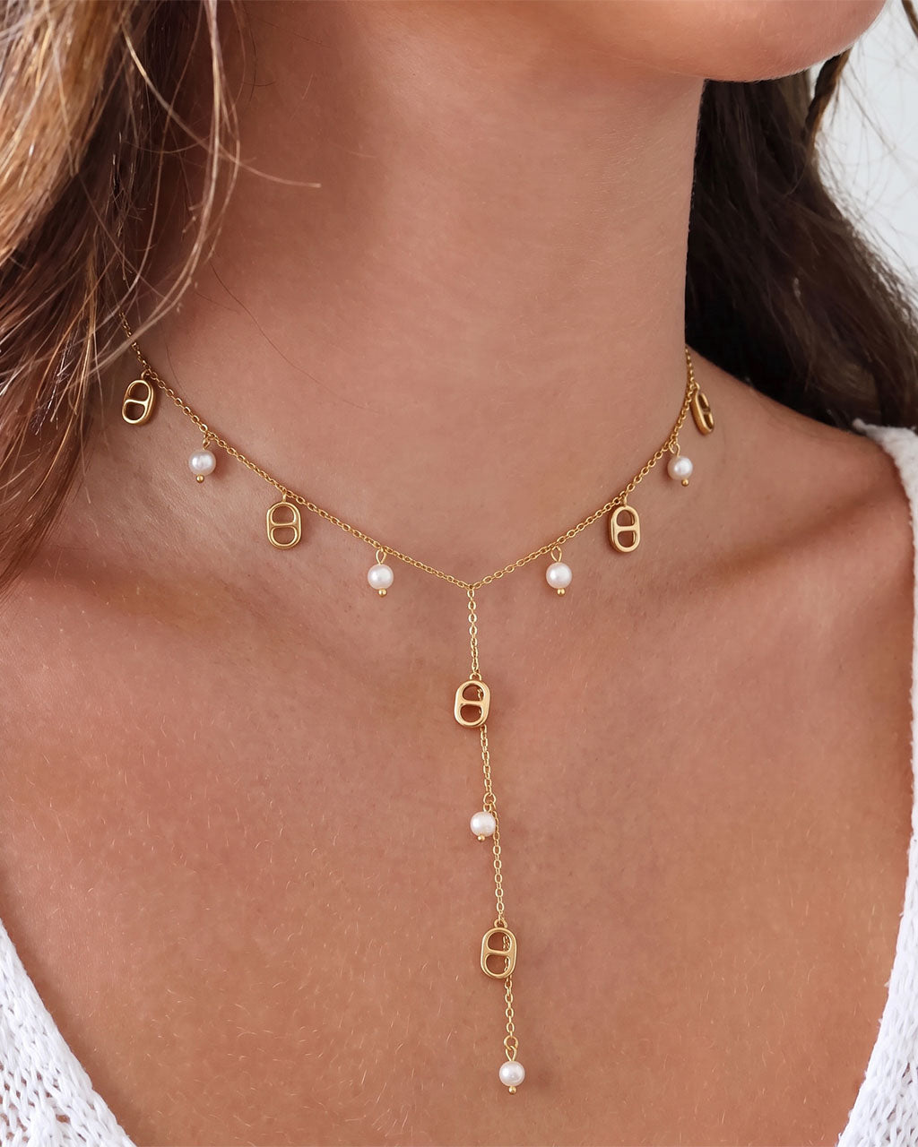 Mariner Link Pearl Drop Y Waterproof Gold Necklace