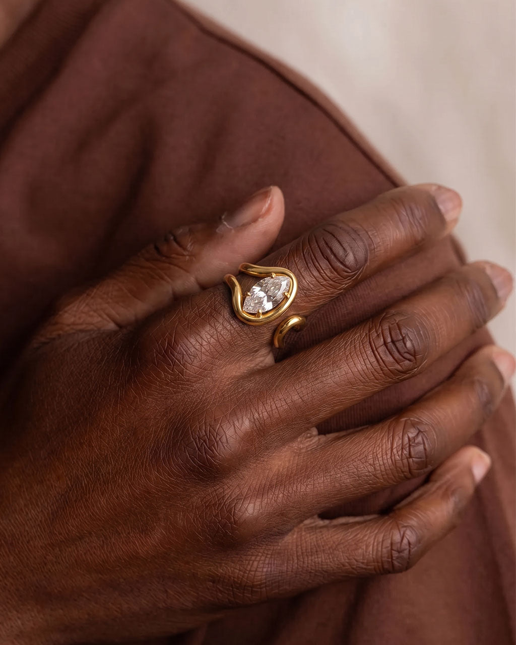 Marquise Cut Swirl Solitaire Open Waterproof Gold Ring