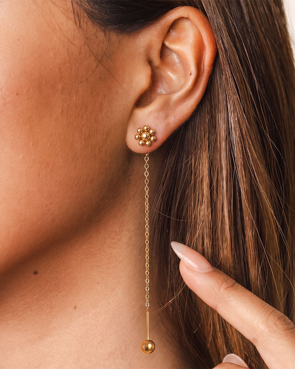 Mini Beaded Flower Threader Waterproof Gold Earrings
