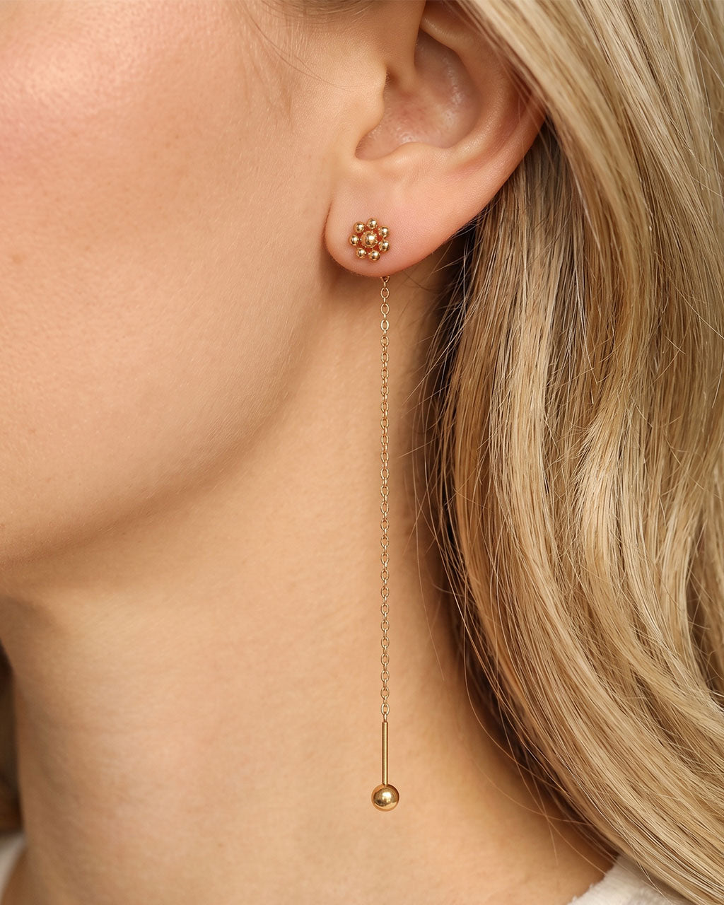 Mini Beaded Flower Threader Waterproof Gold Earrings