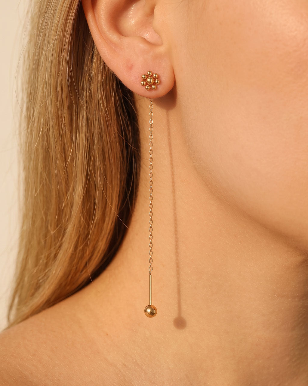 Mini Beaded Flower Threader Waterproof Gold Earrings