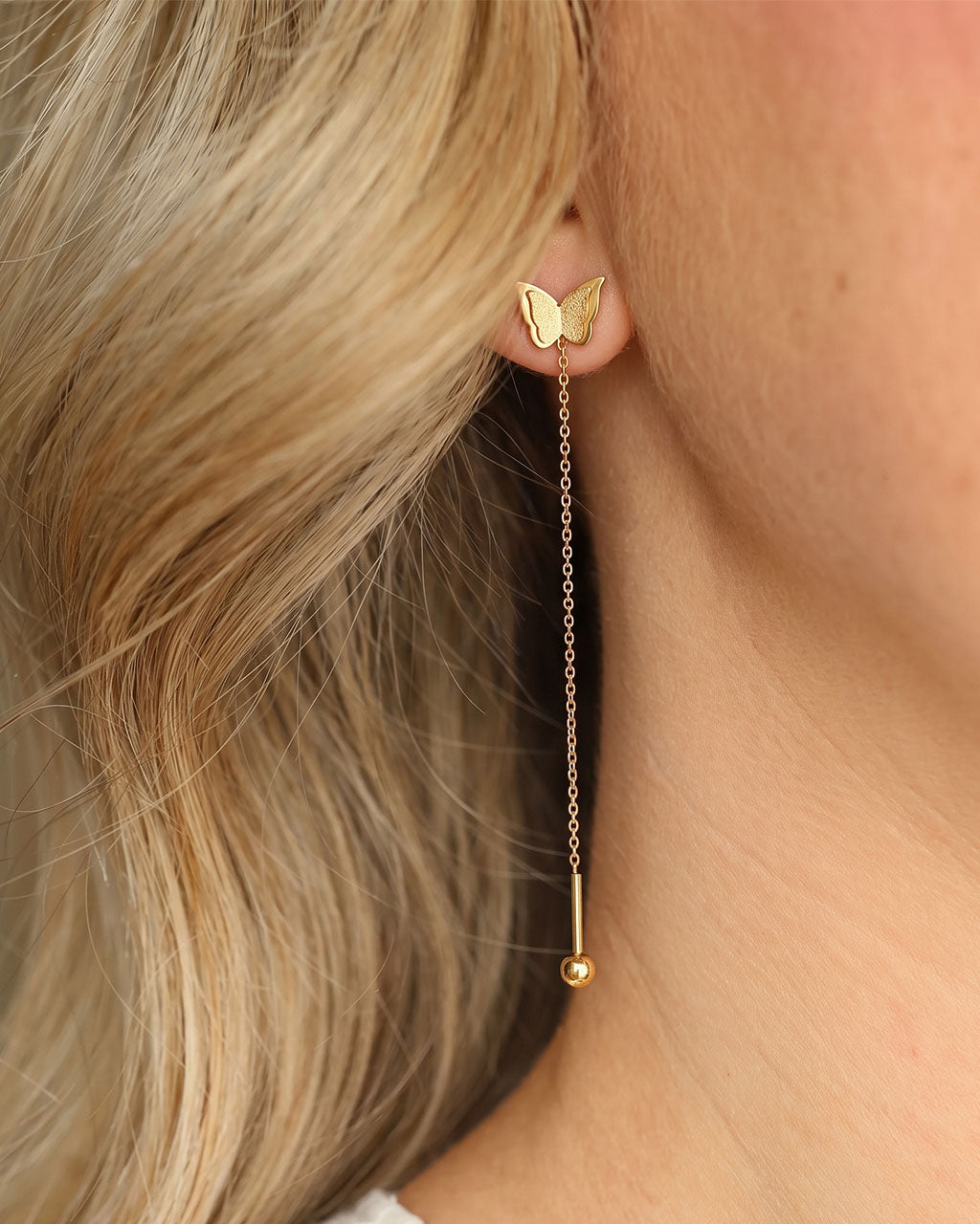 Mini Butterfly Wing Threader Waterproof Gold Earrings