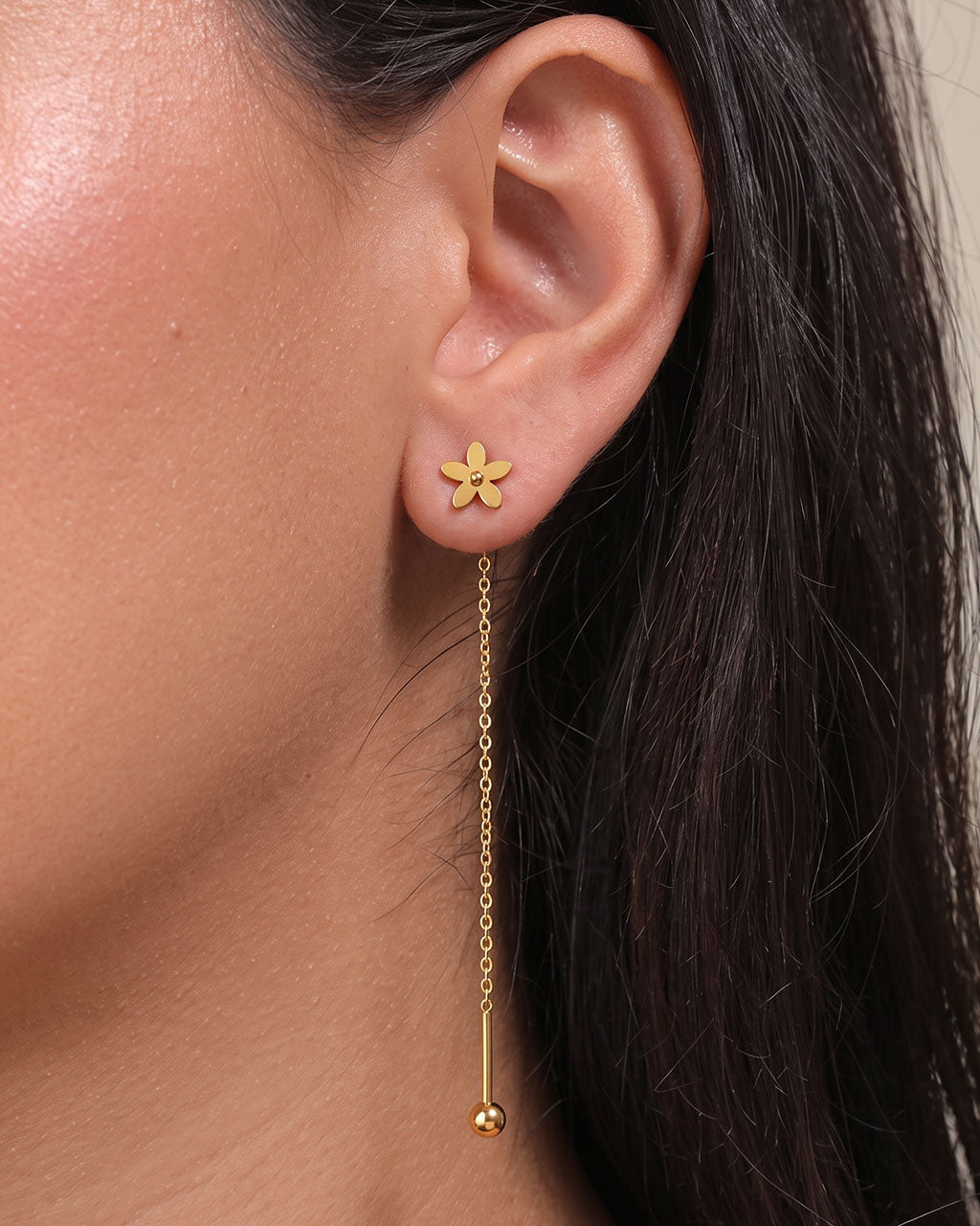 Mini Floral Threader Waterproof Gold Earrings