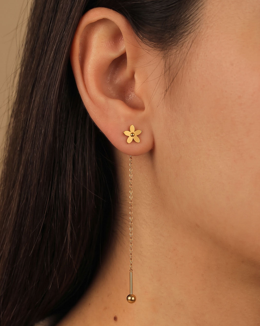 Mini Floral Threader Waterproof Gold Earrings