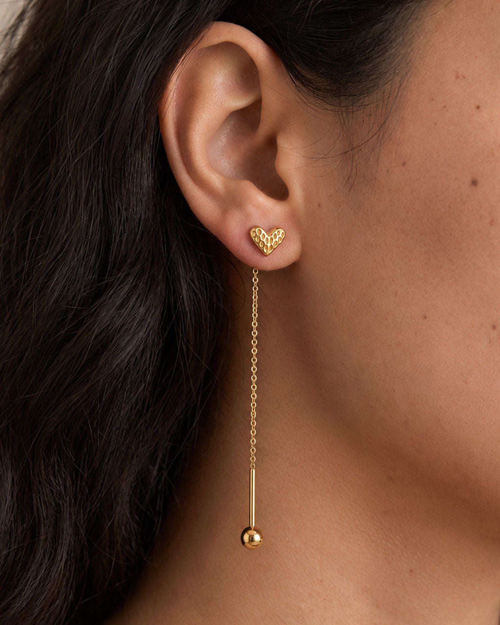 Mini Hammered Heart Threader Waterproof Gold Earrings