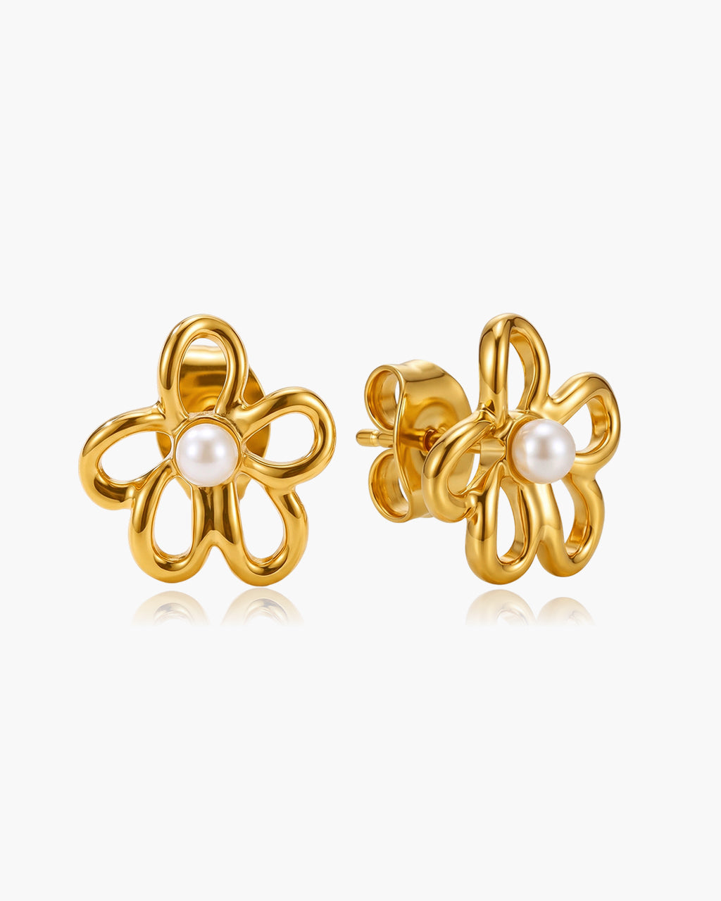 Mini Pearl Open Flower Stud Waterproof Gold Earrings