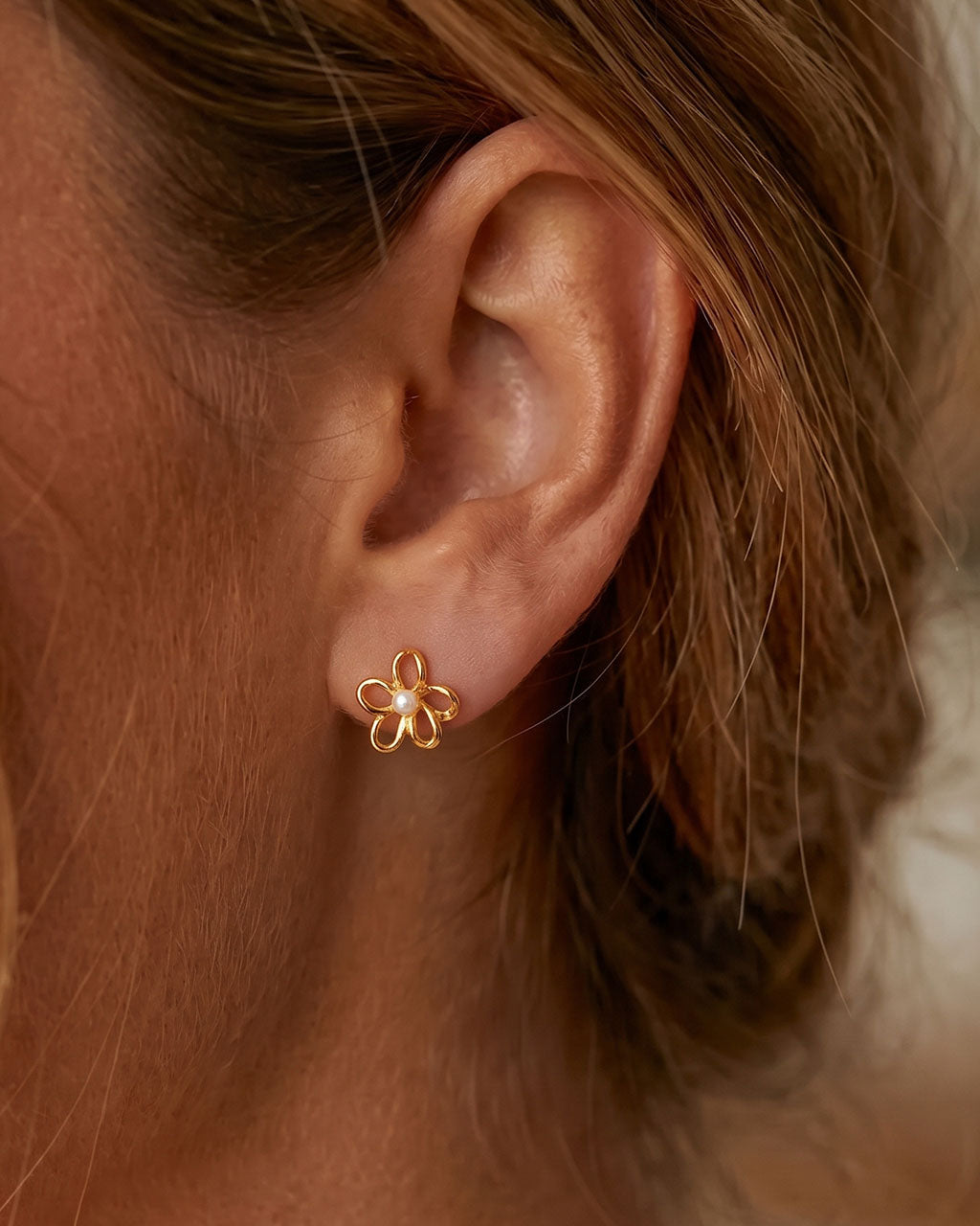 Mini Pearl Open Flower Stud Waterproof Gold Earrings