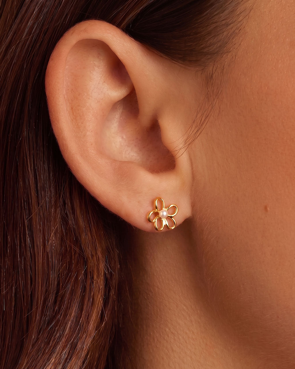 Mini Pearl Open Flower Stud Waterproof Gold Earrings