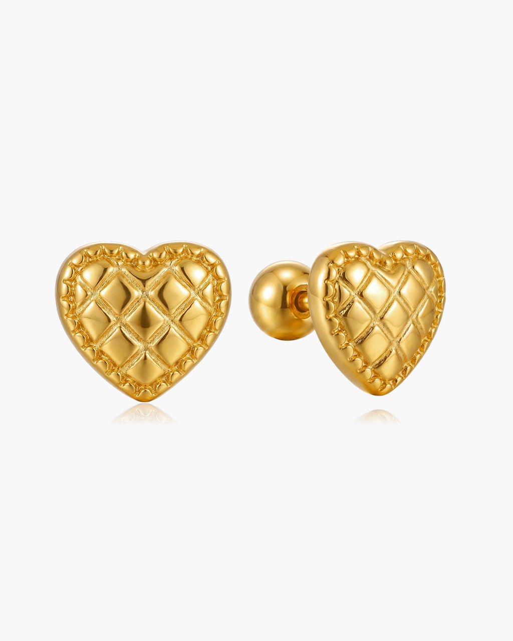 Mini Quilted Heart Stud Waterproof Gold Earrings