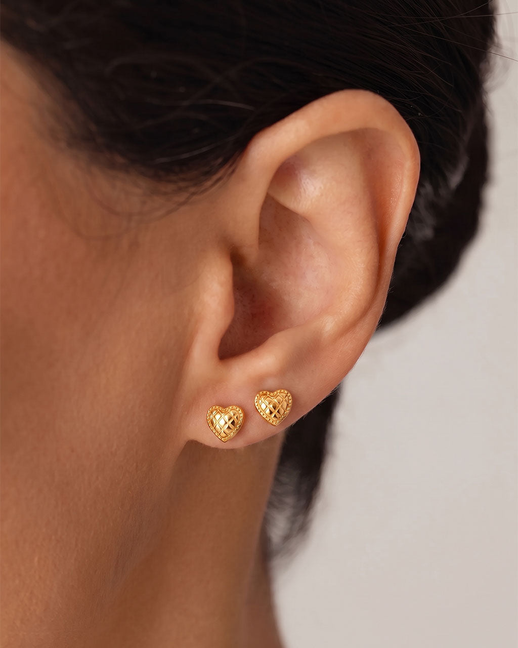 Mini Quilted Heart Stud Waterproof Gold Earrings