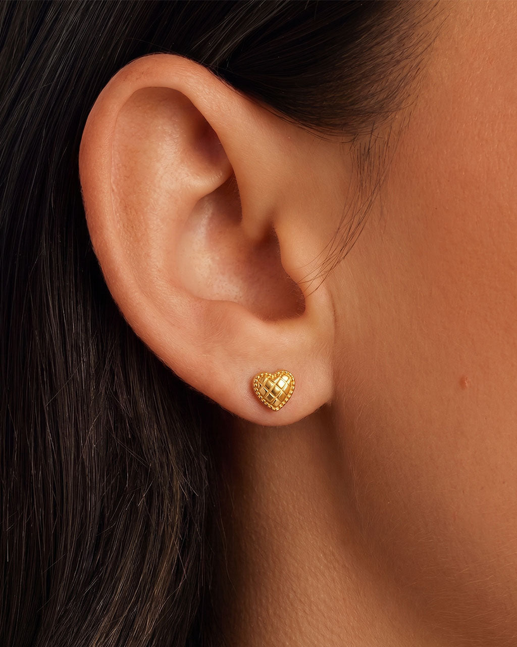 Mini Quilted Heart Stud Waterproof Gold Earrings
