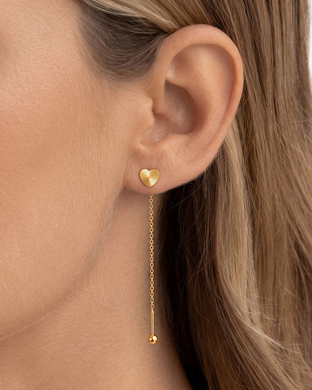 Mini Sunray Heart Threader Waterproof Gold Earrings