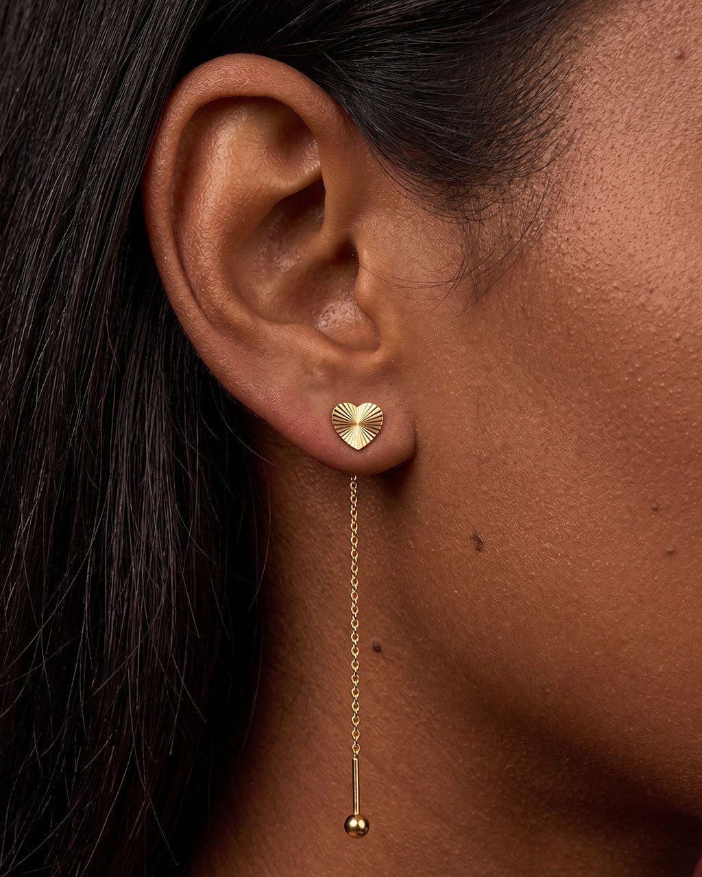 Mini Sunray Heart Threader Waterproof Gold Earrings