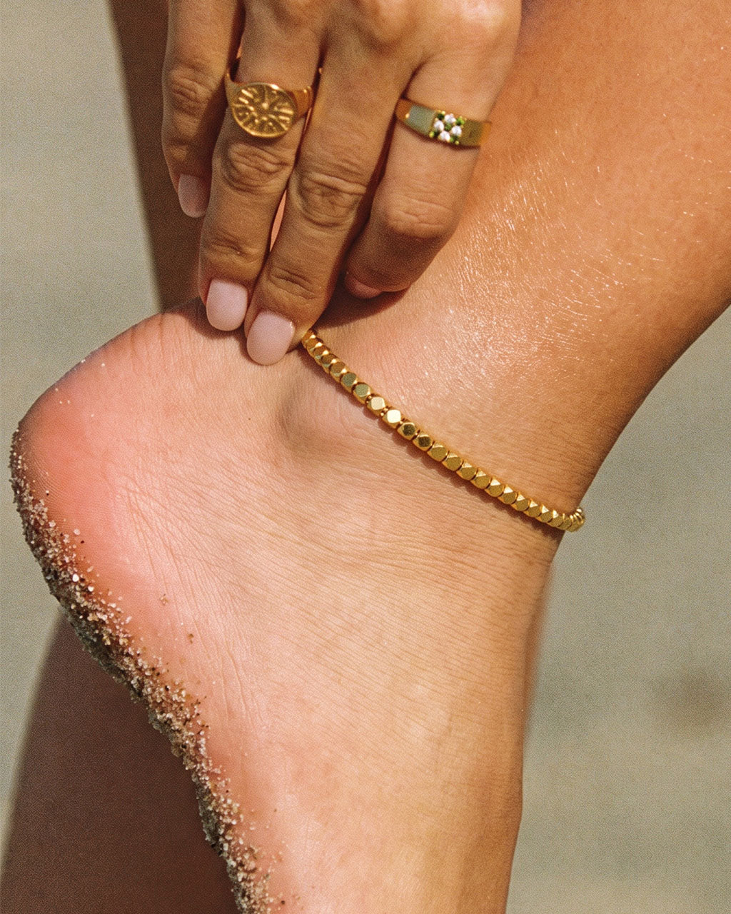 Minimalist Diamond Cut Bead Waterproof Gold Anklet