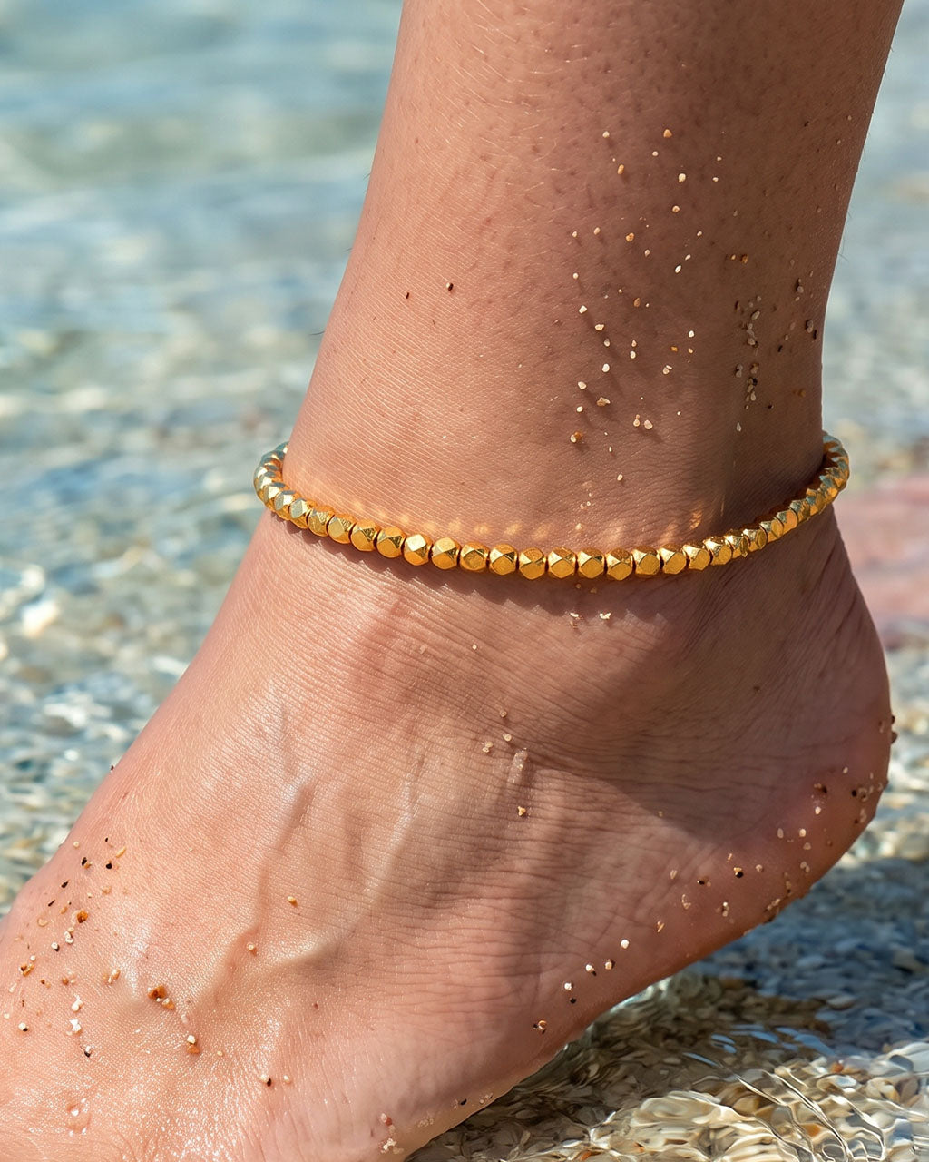 Minimalist Diamond Cut Bead Waterproof Gold Anklet