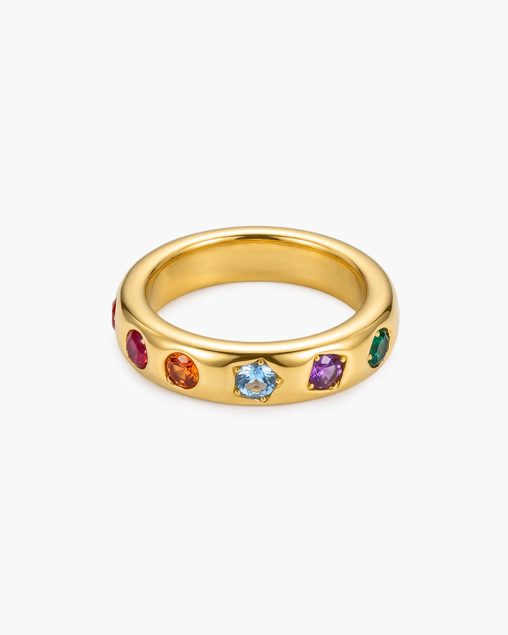 Mixed Cut Color Stone Slim Band Waterproof Gold Ring