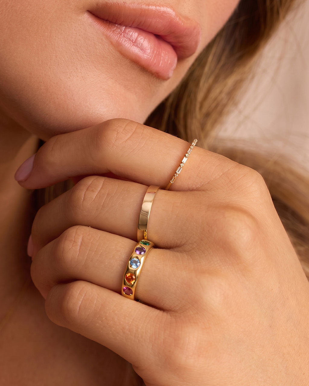 Mixed Cut Color Stone Slim Band Waterproof Gold Ring
