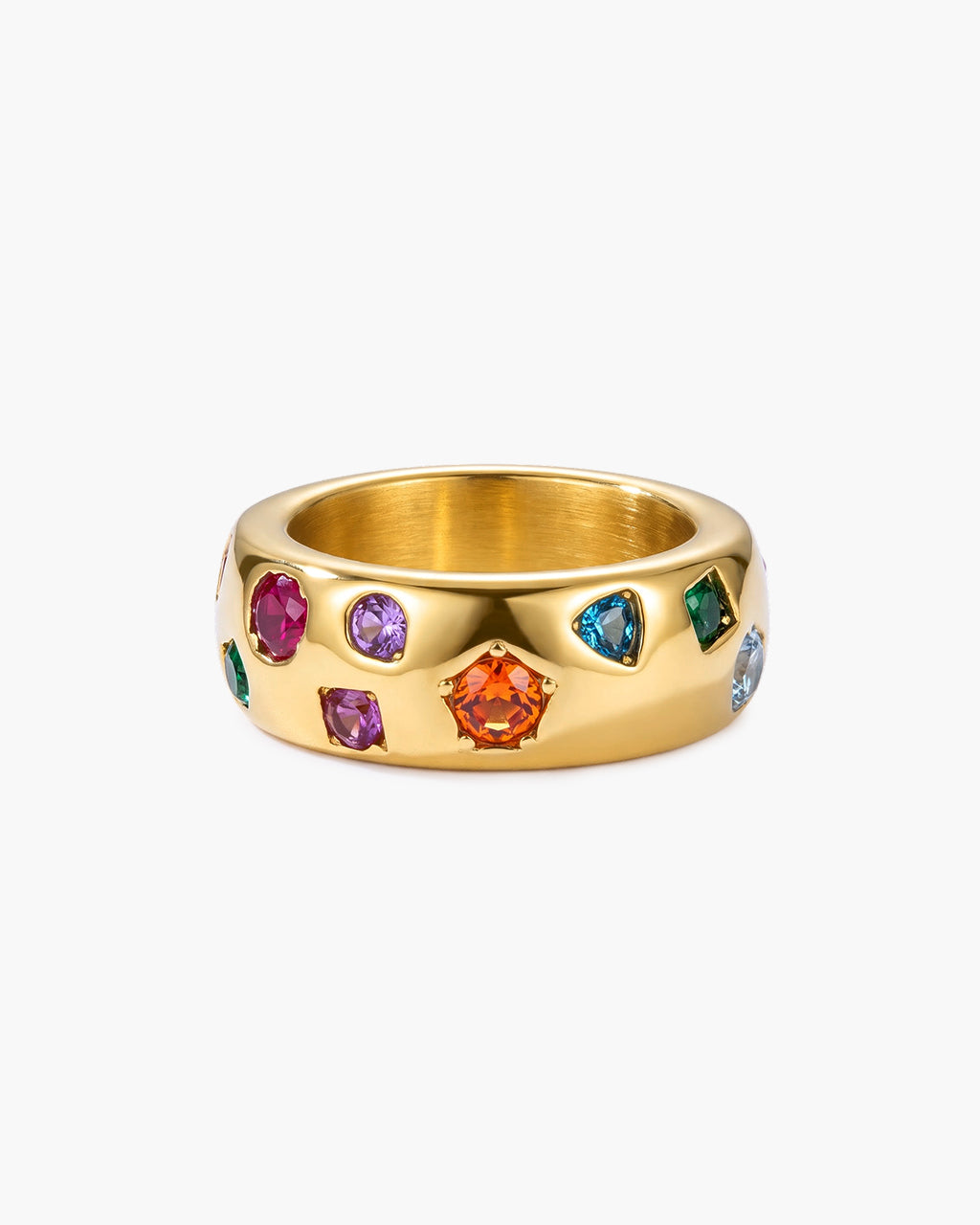 Mixed Cut Color Stone Wide Band Waterproof Gold Ring