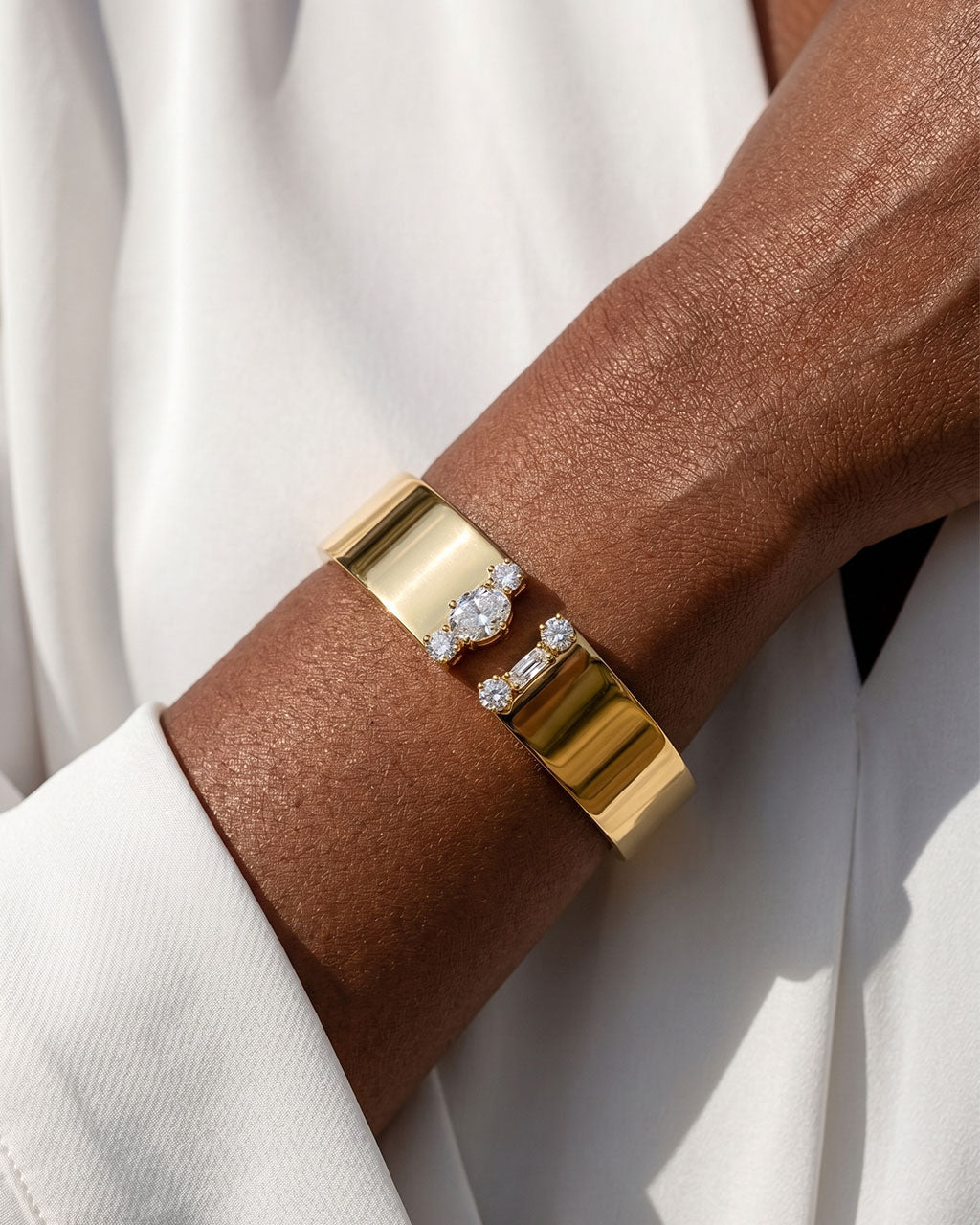 Mixed Cut Stone Wide Open Cuff Waterproof Gold Bangle
