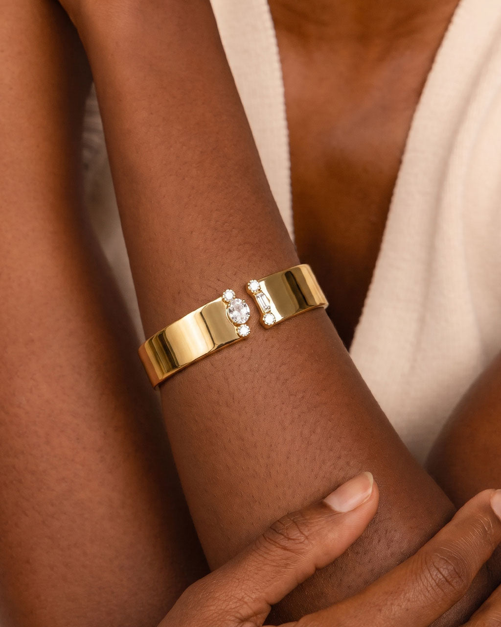 Mixed Cut Stone Wide Open Cuff Waterproof Gold Bangle