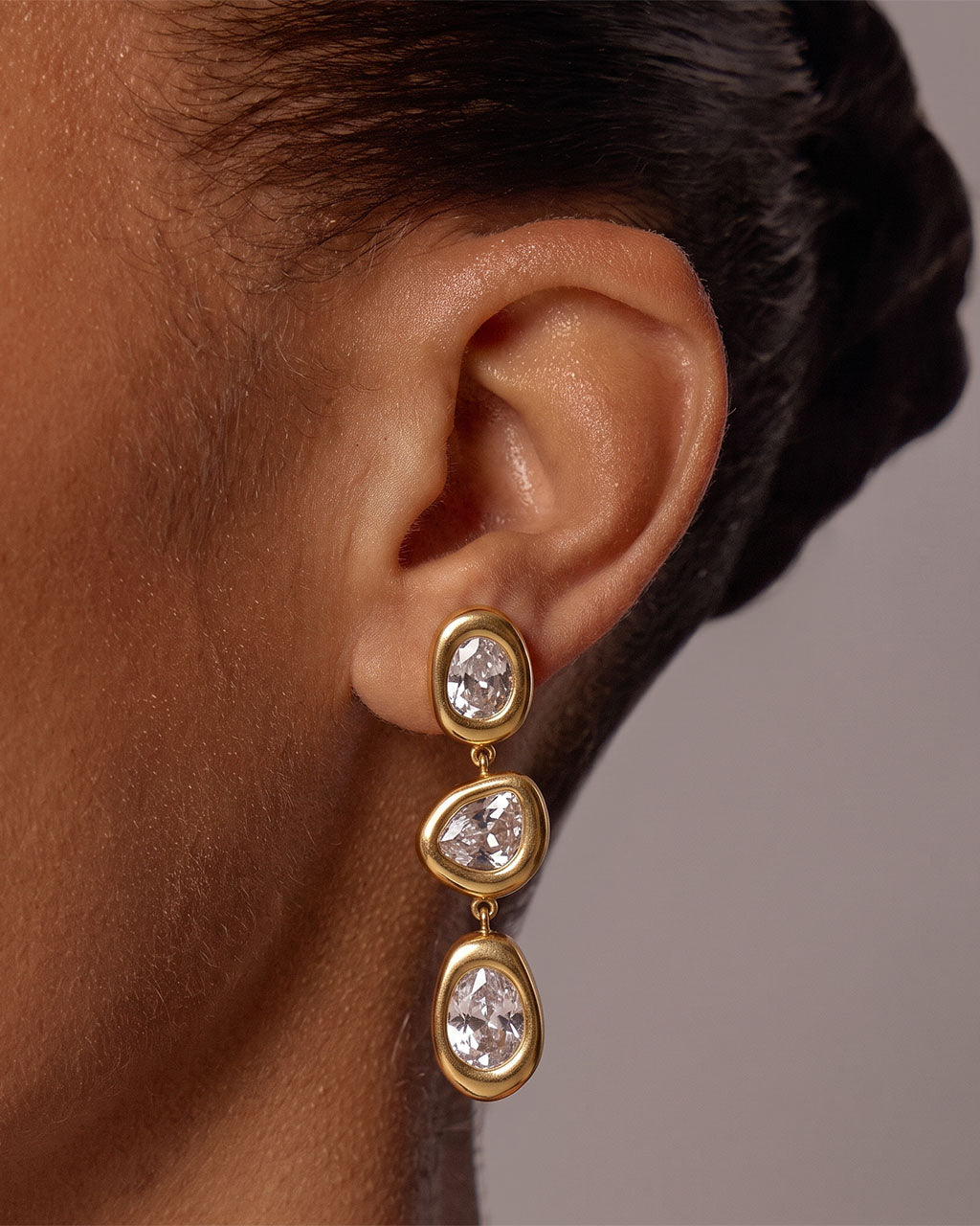 Mixed Cut Three Stone Drop Waterproof Gold Earrings
