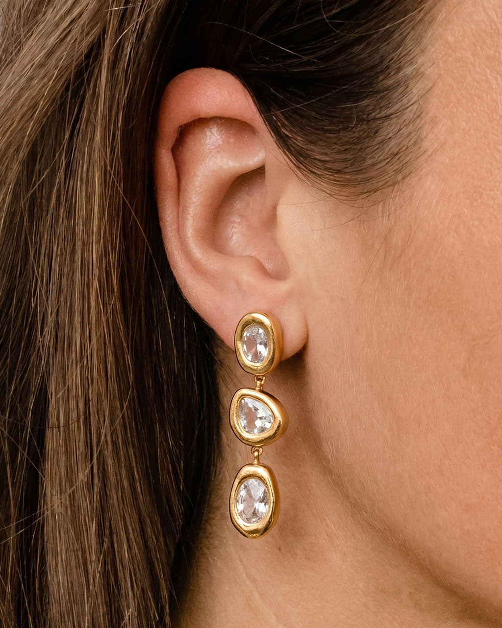 Mixed Cut Three Stone Drop Waterproof Gold Earrings