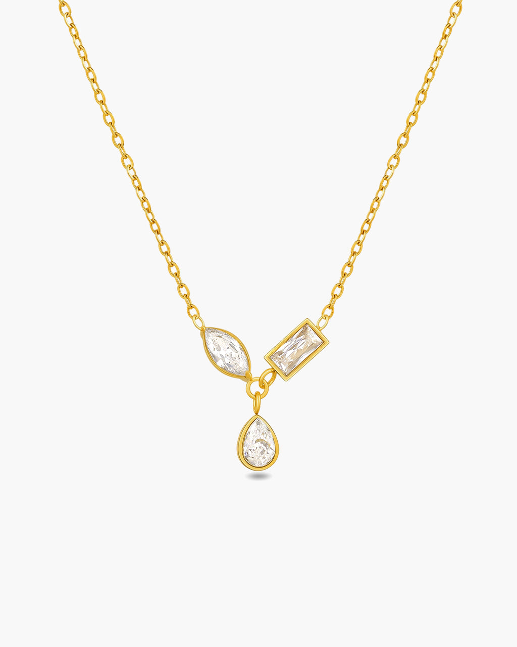 Mixed Cut Three Stone Pendant Waterproof Gold Necklace