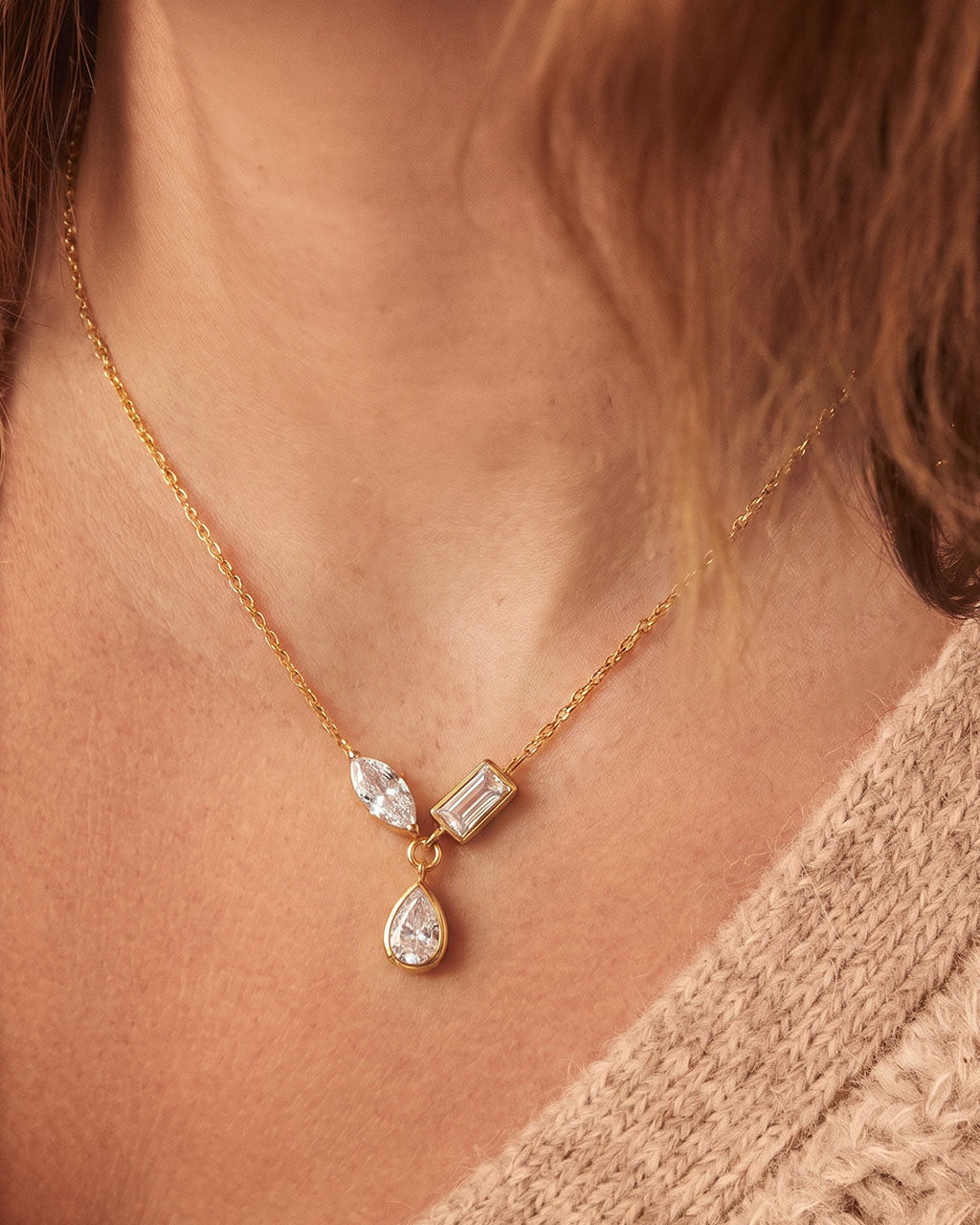 Mixed Cut Three Stone Pendant Waterproof Gold Necklace